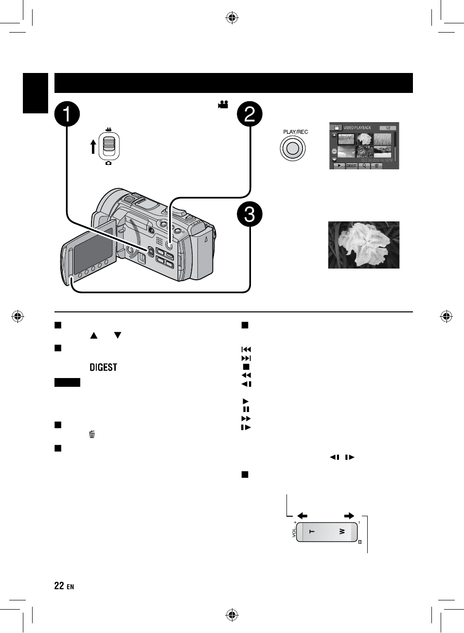 Playing back files, Video playback, Playing back files video playback | JVC Everio GZ-HM1 User Manual | Page 22 / 44