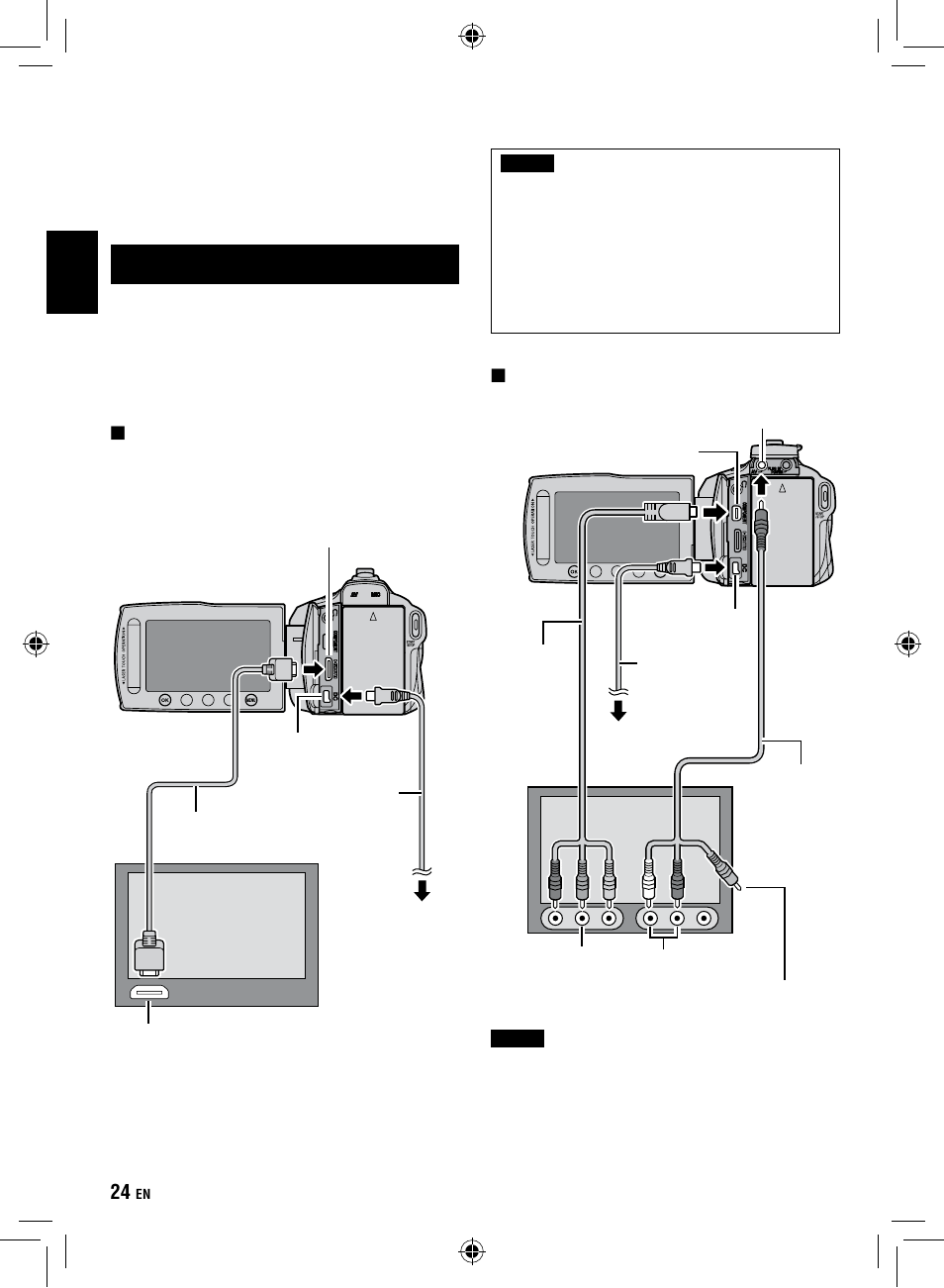 Using with tv, Viewing files on tv, Connection with tv | Viewing files on tv connection with tv | JVC Everio GZ-HM1 User Manual | Page 24 / 44