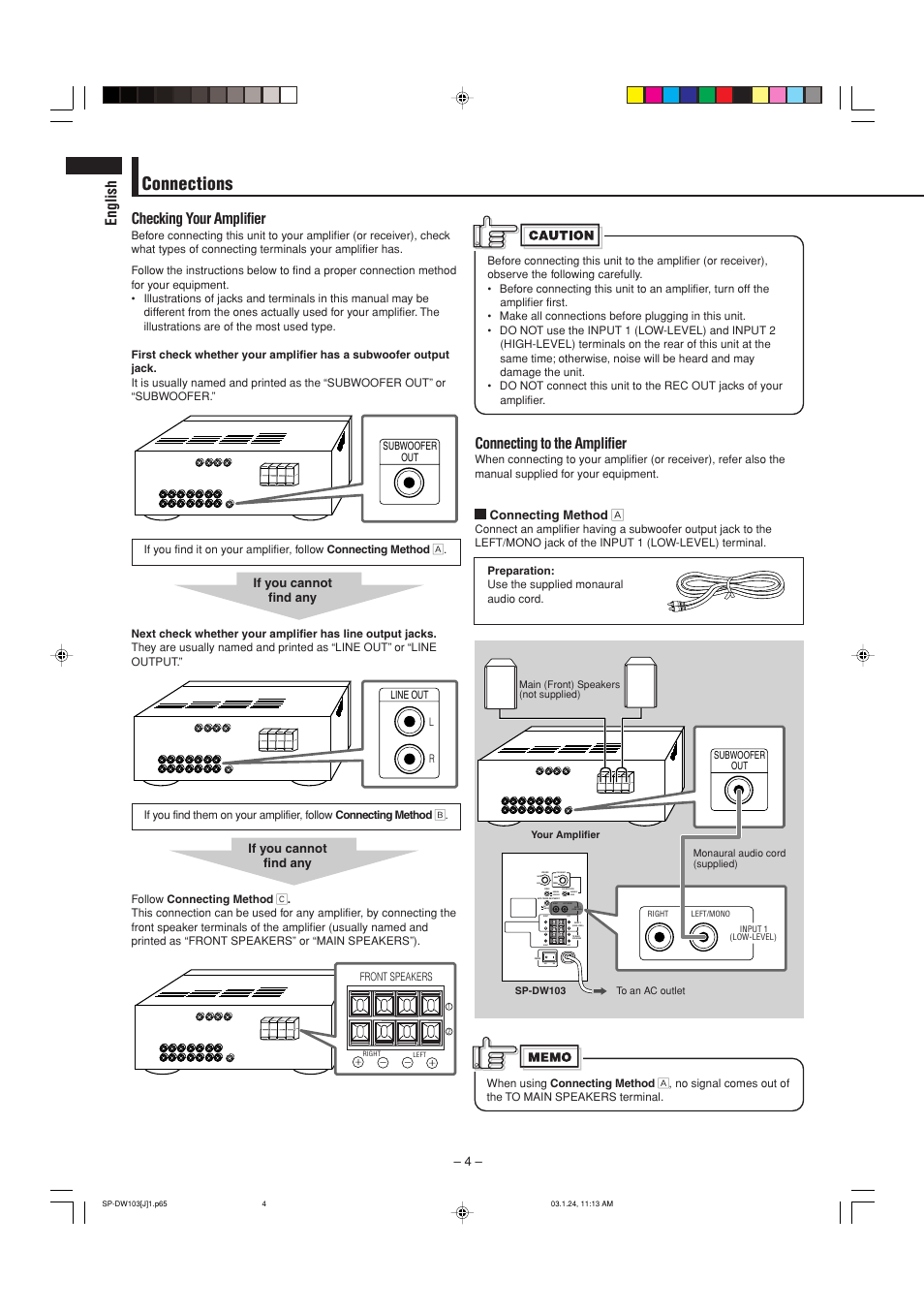 Connections, English checking your amplifier, Connecting to the amplifier | Right, Right left right left left/mono max, Min on off fixed variable, Frequency, Cancel on reverse normal | JVC SP-DW103 User Manual | Page 4 / 13