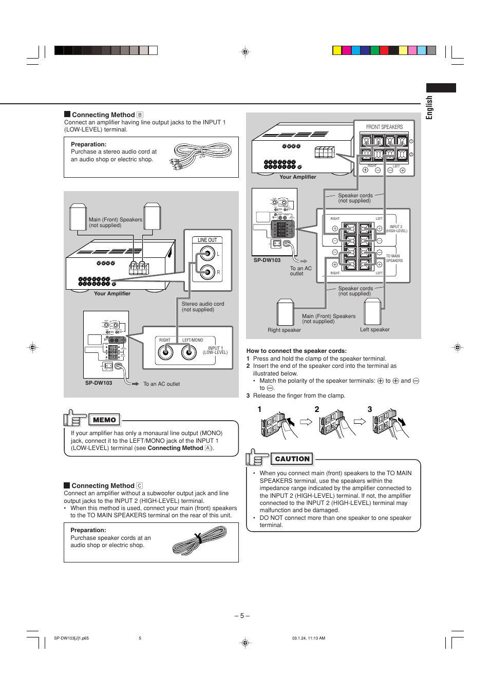 English, Right, Right left right left left/mono max | Min on off fixed variable, Frequency, Cancel on reverse normal, Connecting method ı, Connecting method ç | JVC SP-DW103 User Manual | Page 5 / 13