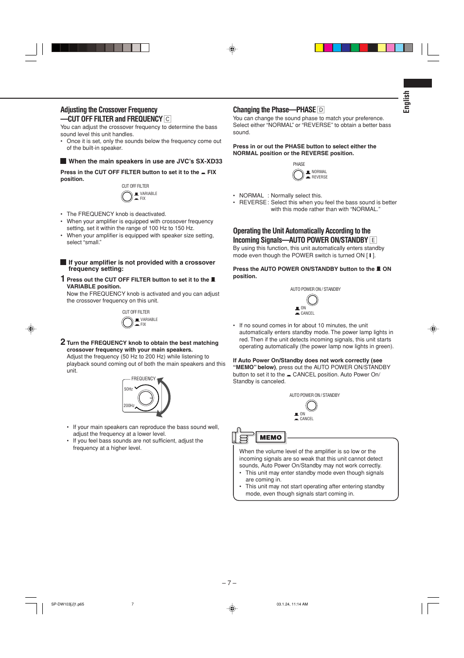 English, Changing the phase—phase î | JVC SP-DW103 User Manual | Page 7 / 13