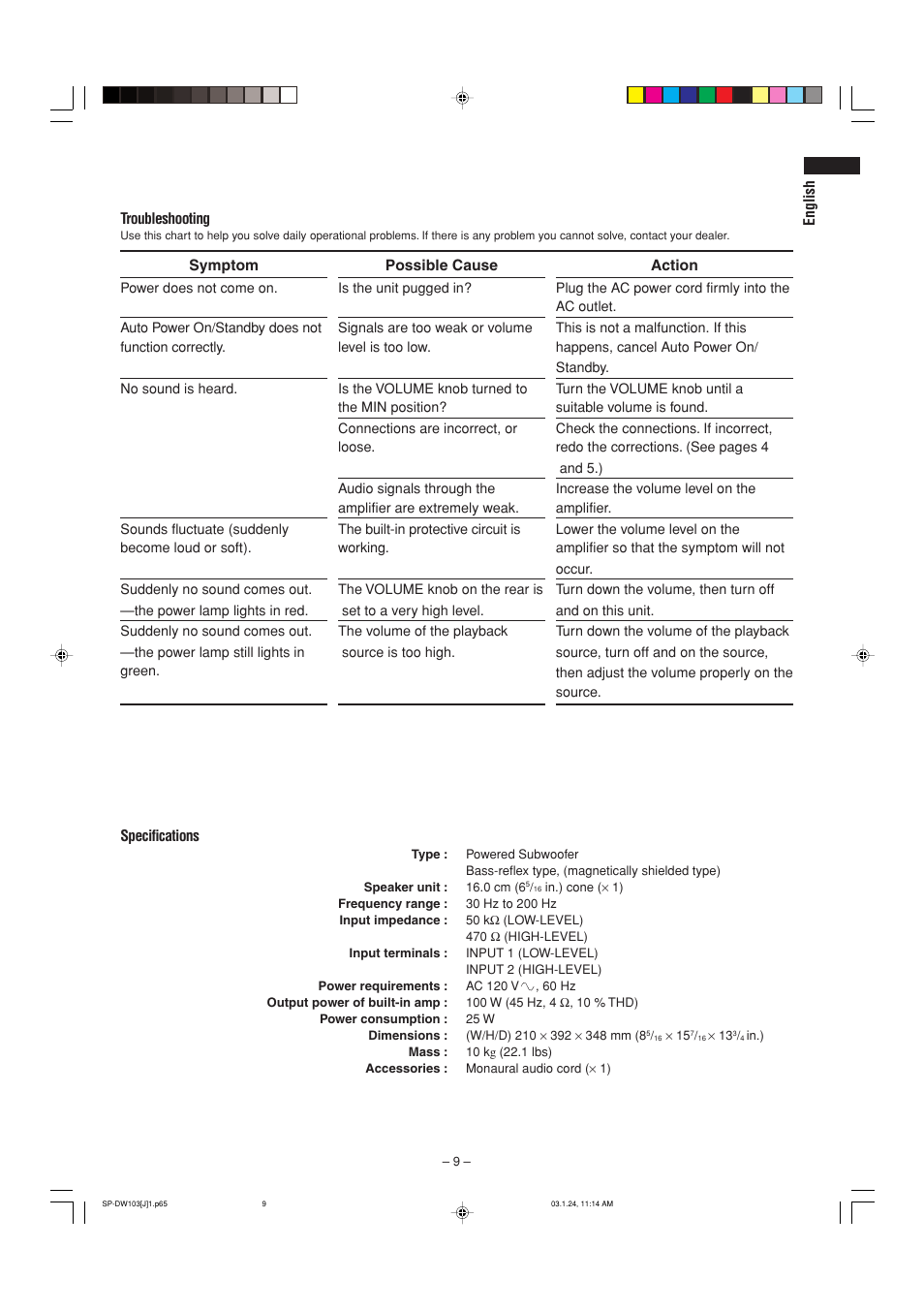 Troubleshooting, Specifications | JVC SP-DW103 User Manual | Page 9 / 13