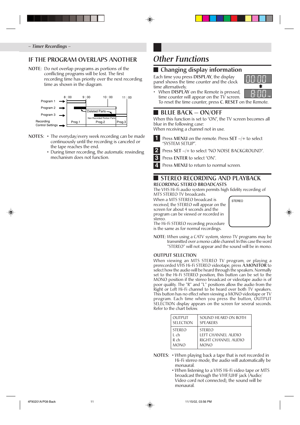 Other functions, Changing display information, If the program overlaps another | Blue back — on/off, 12 4 stereo recording and playback | JVC HR-A592UC User Manual | Page 11 / 16