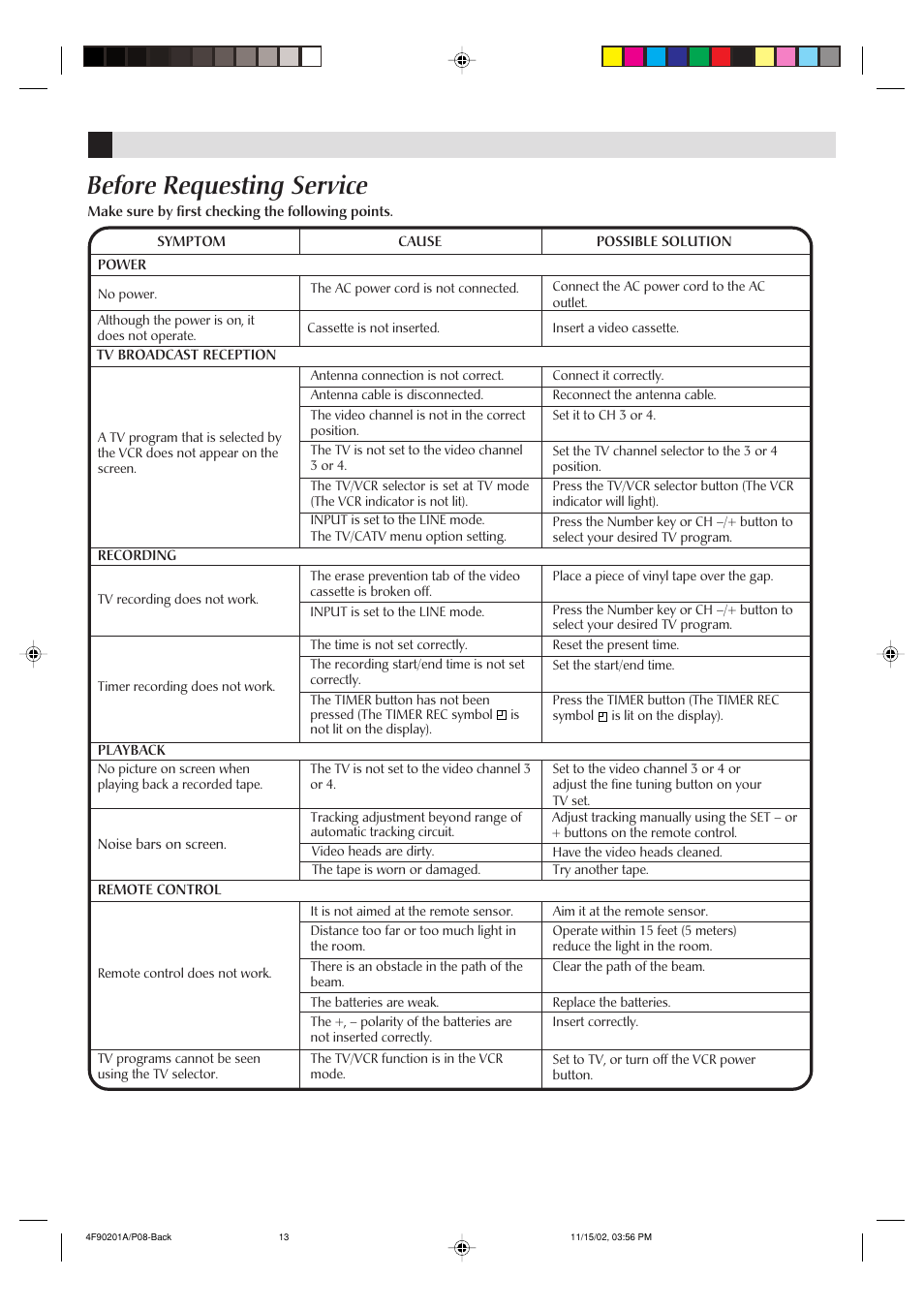 Before requesting service | JVC HR-A592UC User Manual | Page 13 / 16