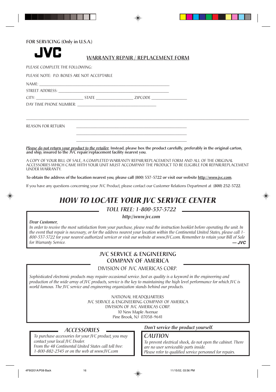 How to locate your jvc service center, Accessories | JVC HR-A592UC User Manual | Page 16 / 16
