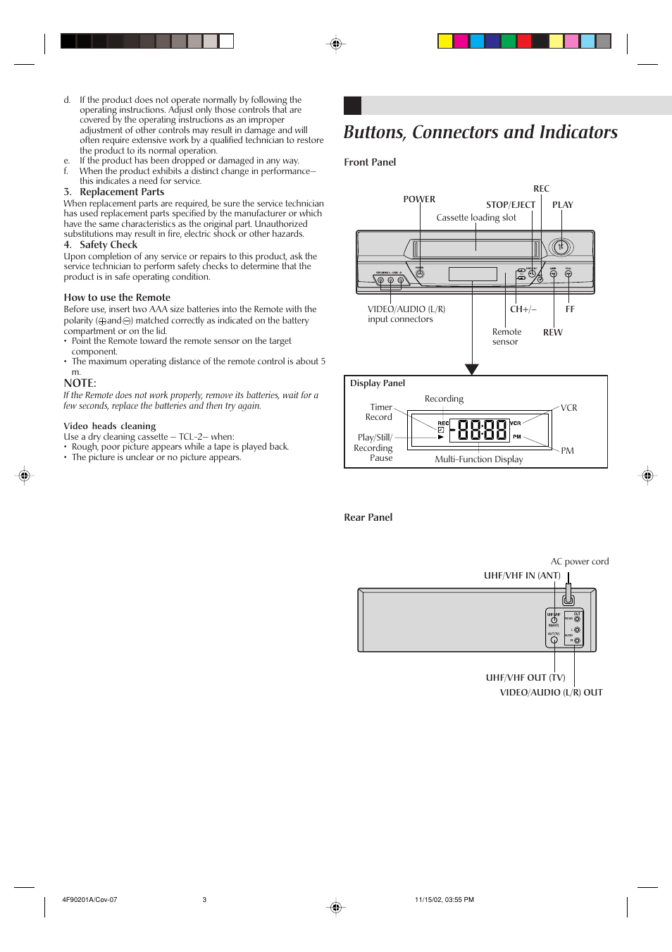 Buttons, connectors and indicators, Replacement parts, Safety check | How to use the remote, Front panel, Rear panel | JVC HR-A592UC User Manual | Page 3 / 16