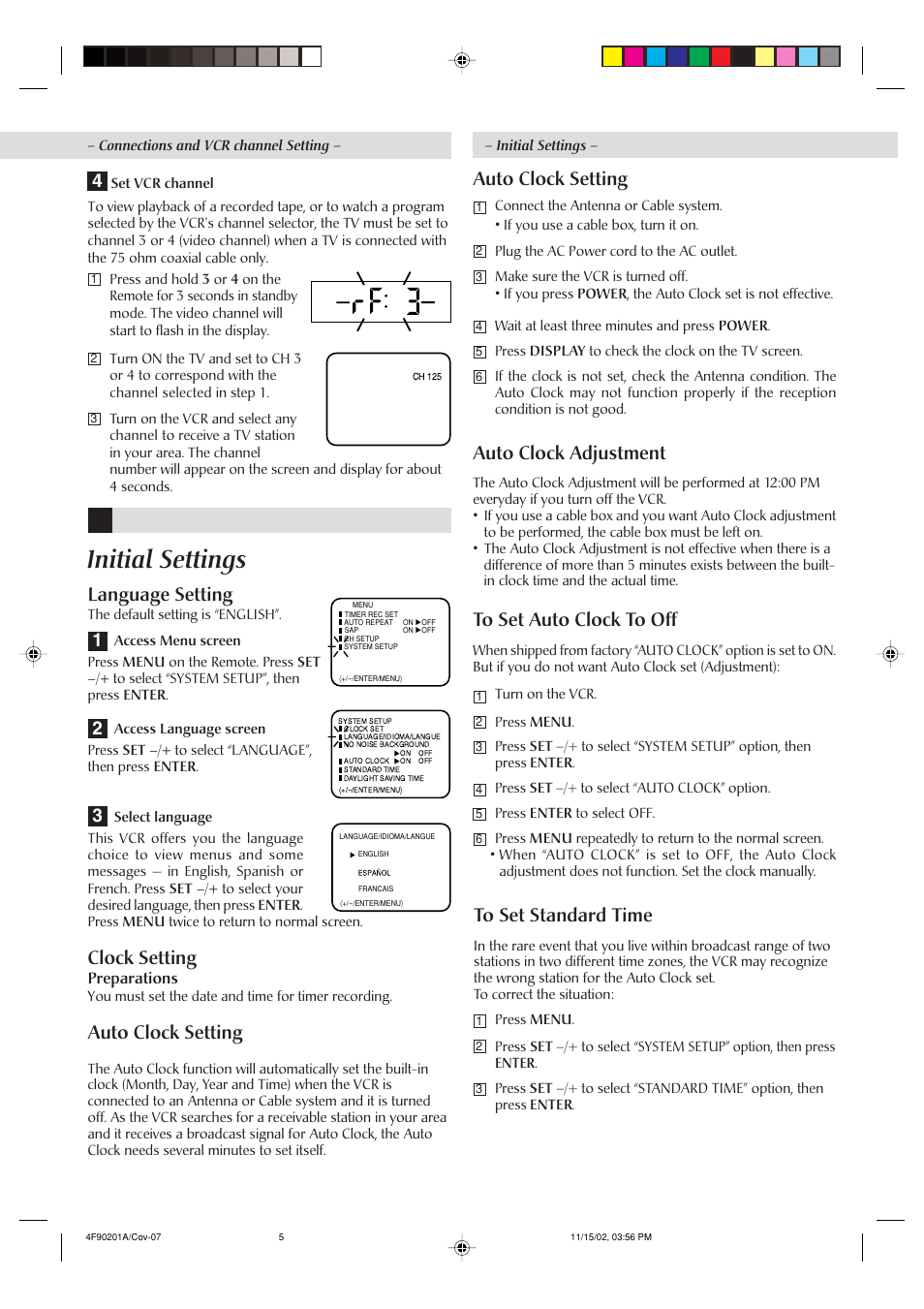 Initial settings, 4language setting, Clock setting | Auto clock setting, Auto clock setting auto clock adjustment | JVC HR-A592UC User Manual | Page 5 / 16