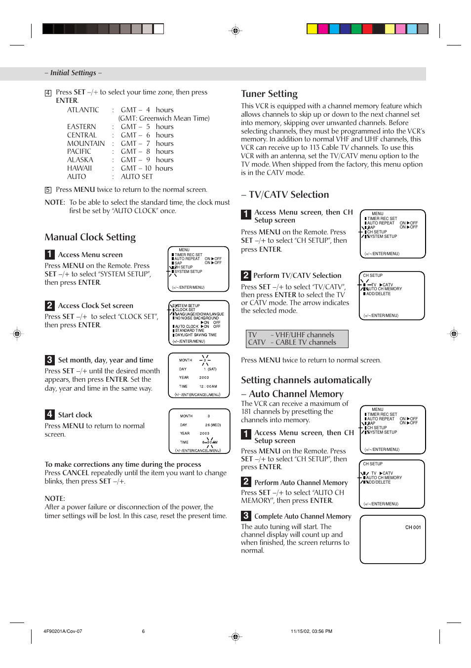 Tuner setting, Tv/catv selection, 2manual clock setting | JVC HR-A592UC User Manual | Page 6 / 16