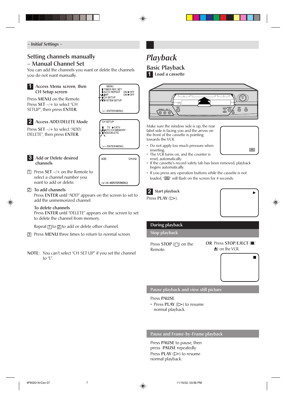 Playback, Setting channels manually – manual channel set, Basic playback | JVC HR-A592UC User Manual | Page 7 / 16