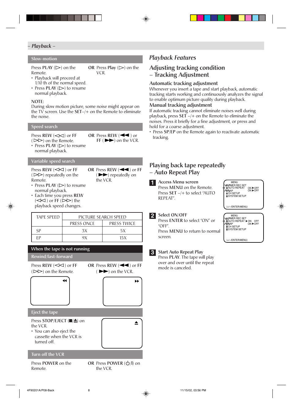 Adjusting tracking condition – tracking adjustment, Playing back tape repeatedly – auto repeat play, 3playback features | JVC HR-A592UC User Manual | Page 8 / 16