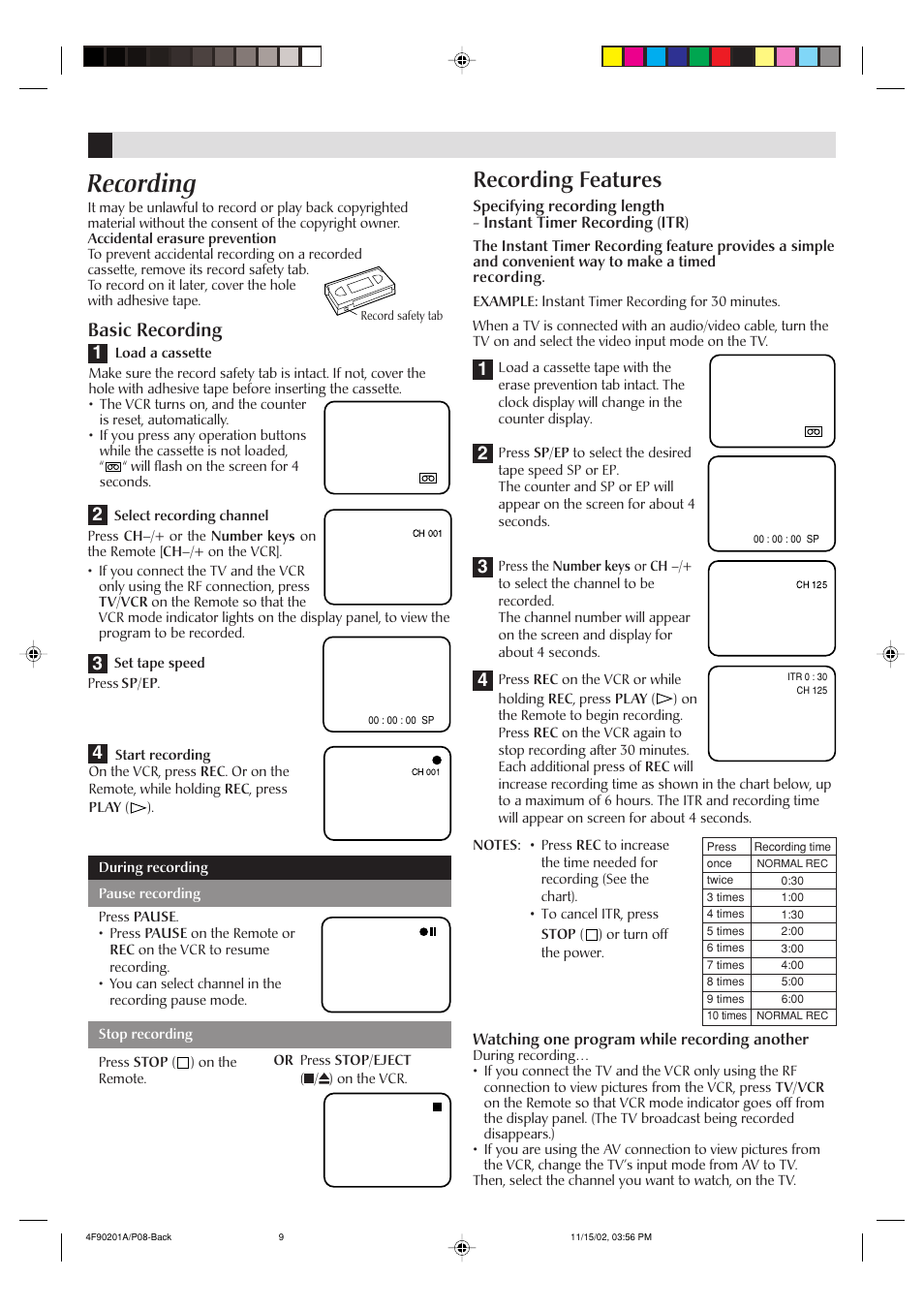 Recording, Recording features, Basic recording | JVC HR-A592UC User Manual | Page 9 / 16