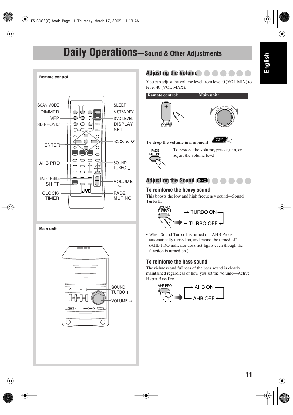 Daily operations -sound & other adjustments, Daily operations, Sound & other adjustments | English, Adjusting the volume, Adjusting the sound | JVC FS-GD6S User Manual | Page 15 / 42