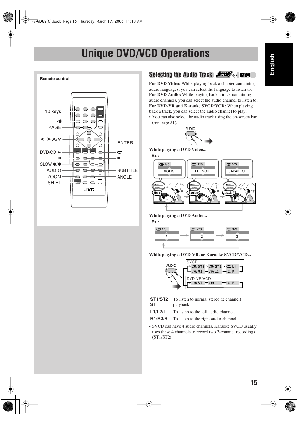 Unique dvd/vcd operations, English, Selecting the audio track | JVC FS-GD6S User Manual | Page 19 / 42