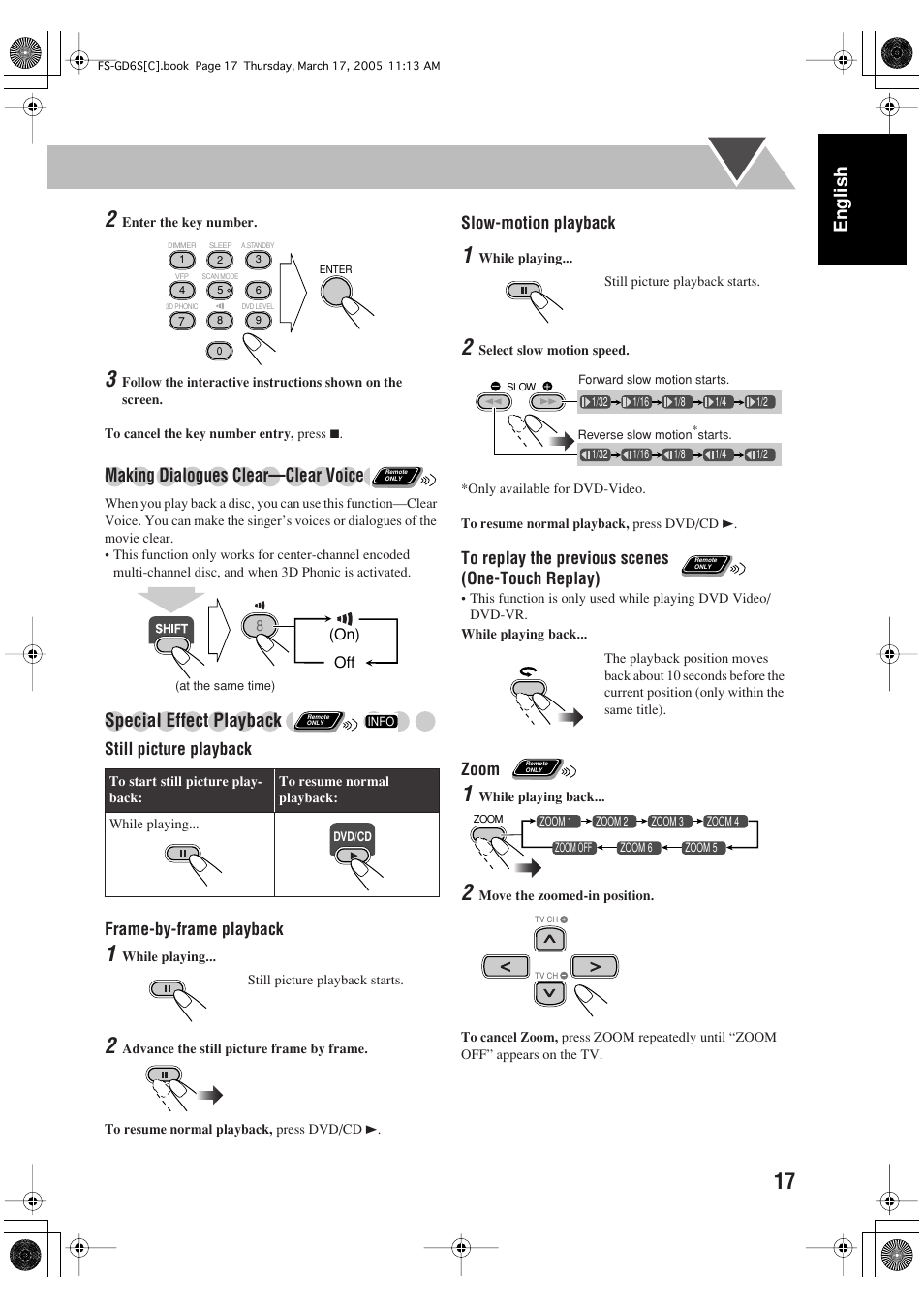 English, Making dialogues clear—clear voice, Special effect playback | JVC FS-GD6S User Manual | Page 21 / 42