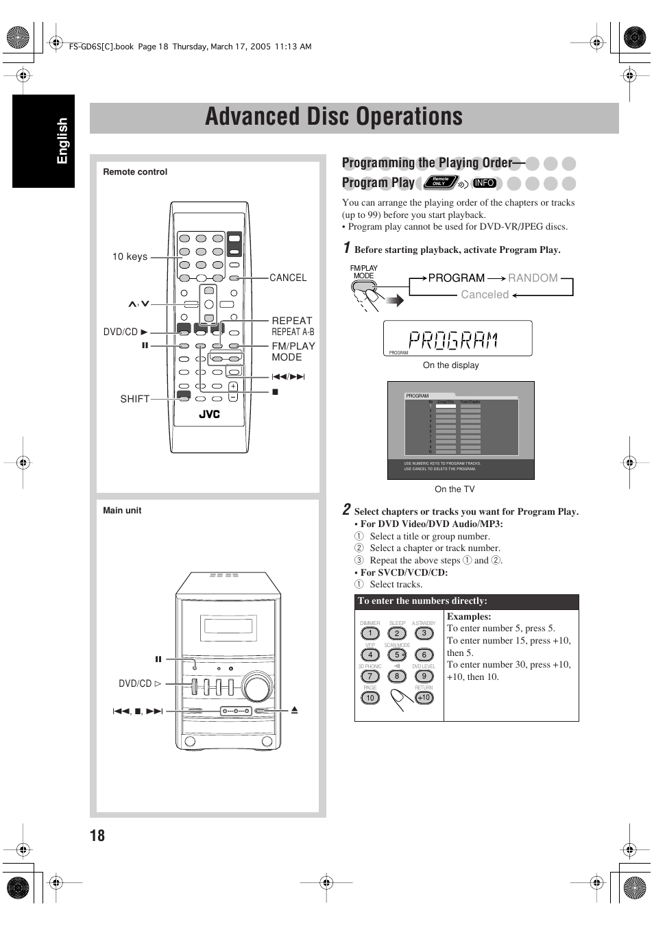 Advanced disc operations, English, Programming the playing order— program play | JVC FS-GD6S User Manual | Page 22 / 42