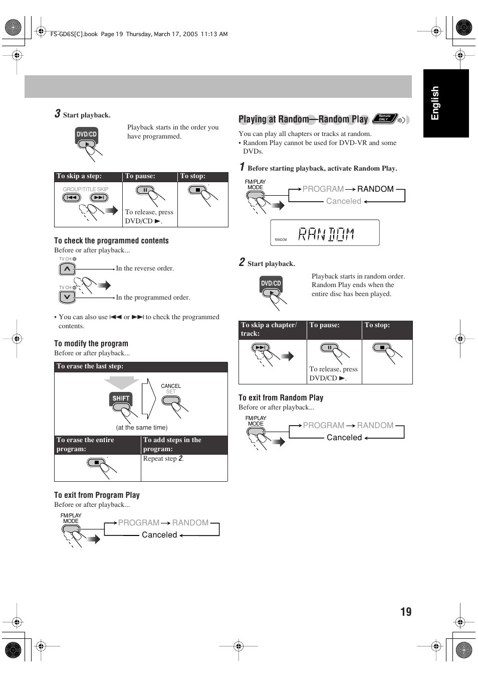 English, Playing at random—random play | JVC FS-GD6S User Manual | Page 23 / 42