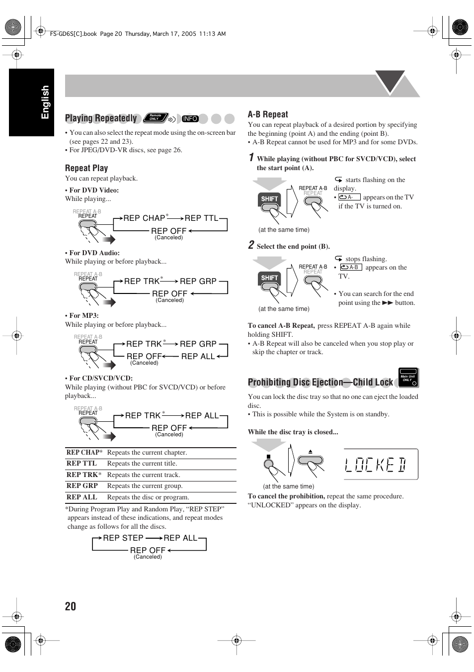 English, Playing repeatedly, Prohibiting disc ejection—child lock | JVC FS-GD6S User Manual | Page 24 / 42