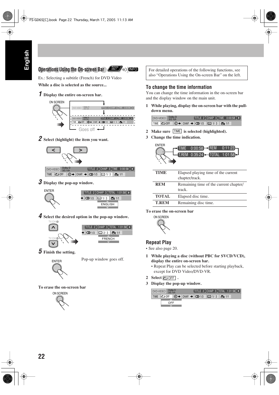 English, Operations using the on-screen bar, Repeat play | Goes off | JVC FS-GD6S User Manual | Page 26 / 42