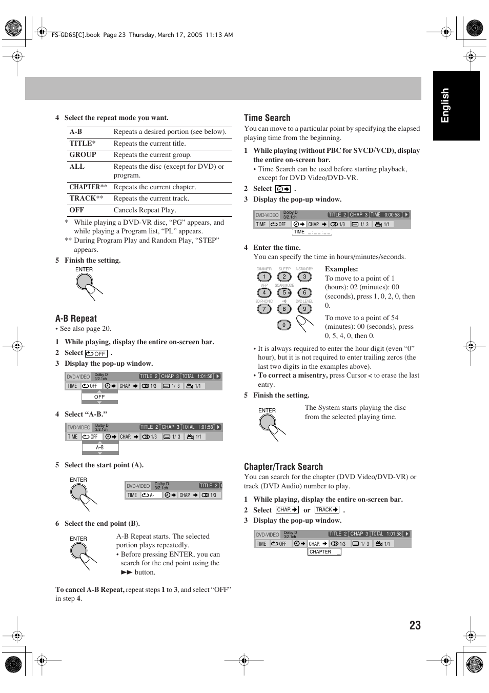 English, A-b repeat, Time search | Chapter/track search | JVC FS-GD6S User Manual | Page 27 / 42