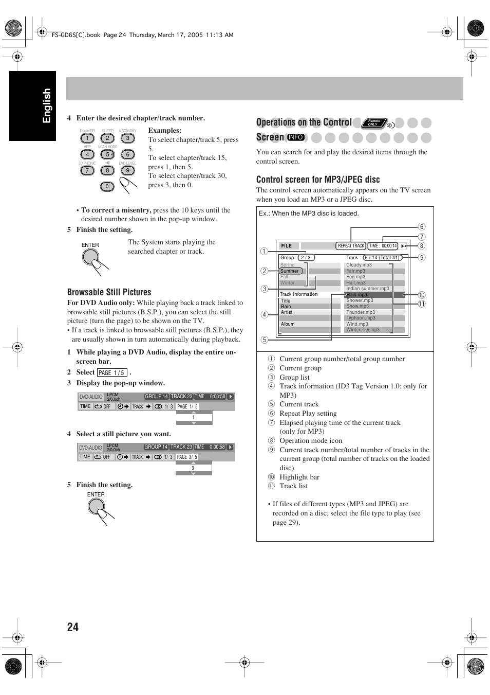 English, Operations on t, He control screen | Browsable still pictures, Control screen for mp3/jpeg disc | JVC FS-GD6S User Manual | Page 28 / 42