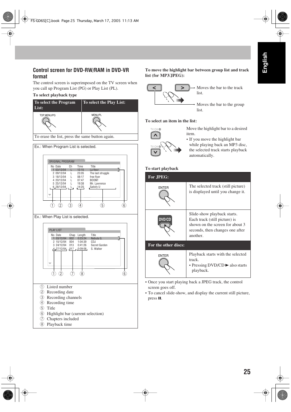 English, Control screen for dvd-rw/ram in dvd-vr format | JVC FS-GD6S User Manual | Page 29 / 42