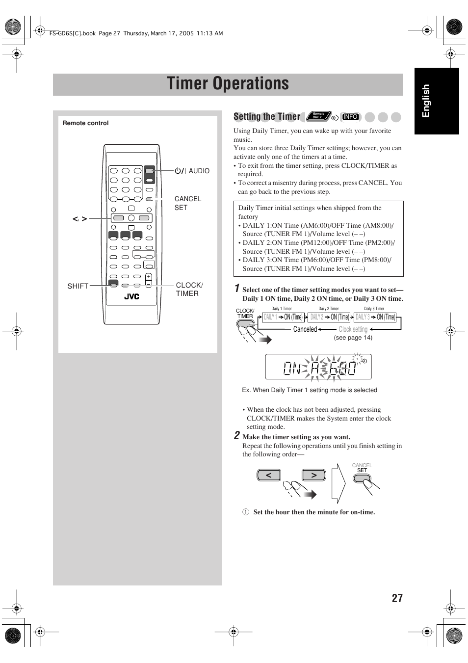 Timer operations, English, Setting the timer | JVC FS-GD6S User Manual | Page 31 / 42