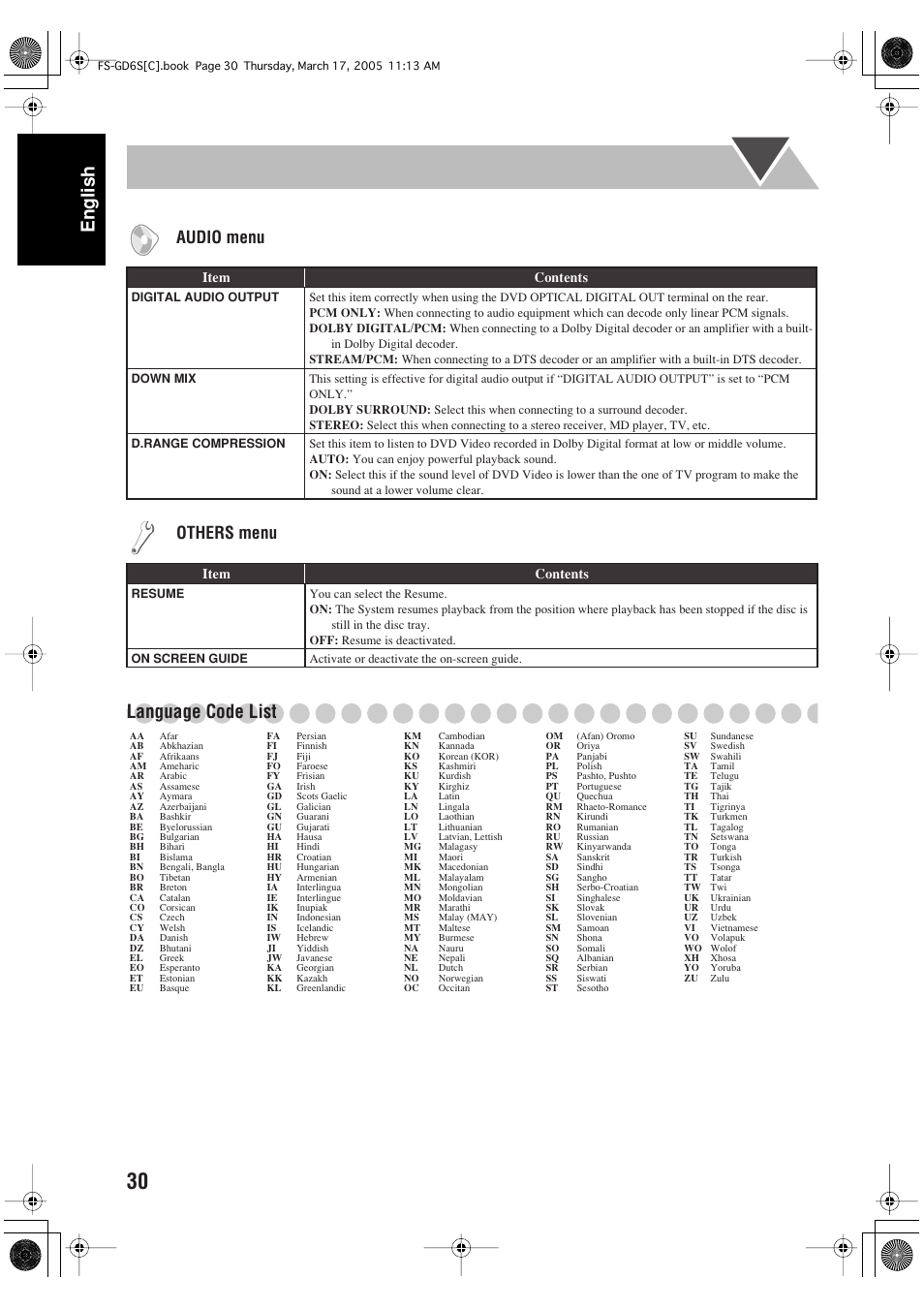 English language code list, Audio menu, Others menu | JVC FS-GD6S User Manual | Page 34 / 42