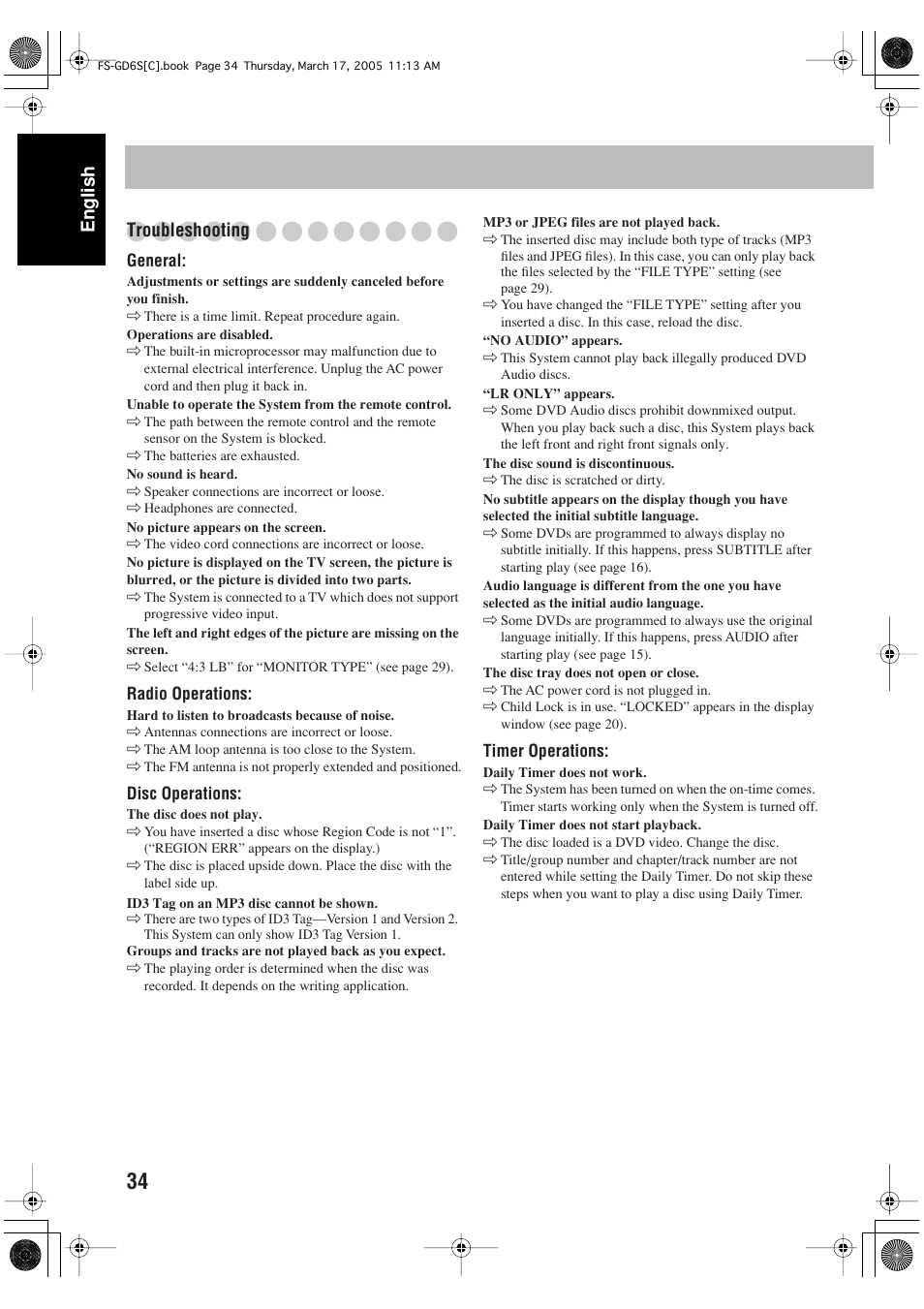 English troubleshooting | JVC FS-GD6S User Manual | Page 38 / 42