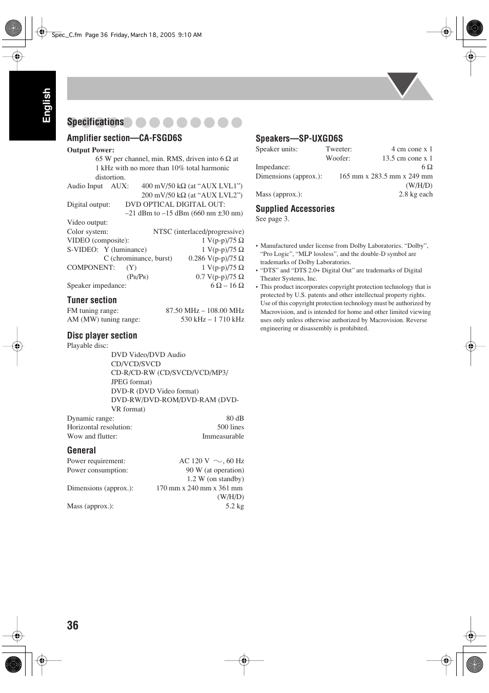 English specifications | JVC FS-GD6S User Manual | Page 40 / 42