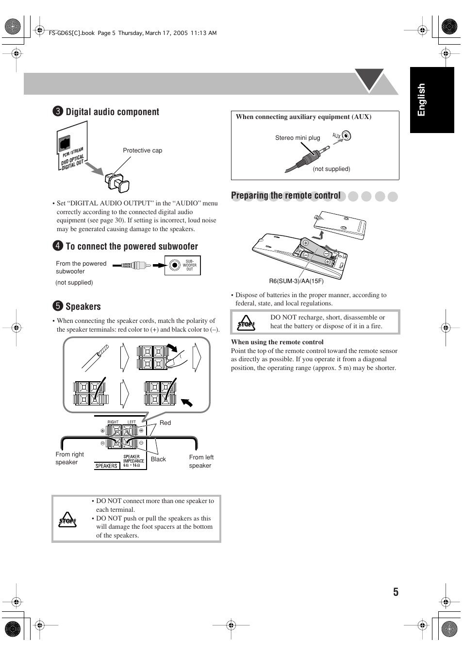 English, Digital audio component, Speakers | Preparing the remote control | JVC FS-GD6S User Manual | Page 9 / 42