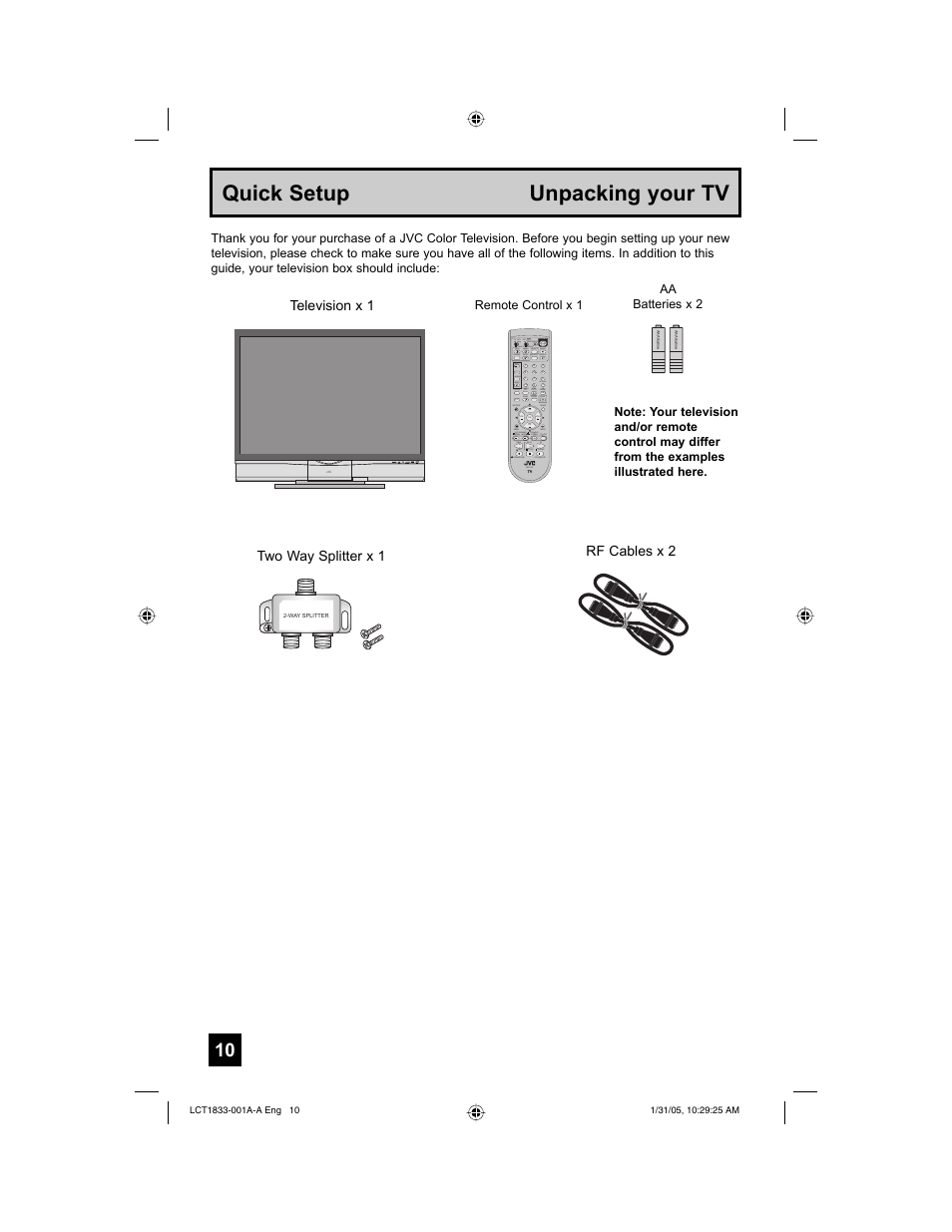 Quick setup unpacking your tv | JVC HD-61Z886 User Manual | Page 10 / 104