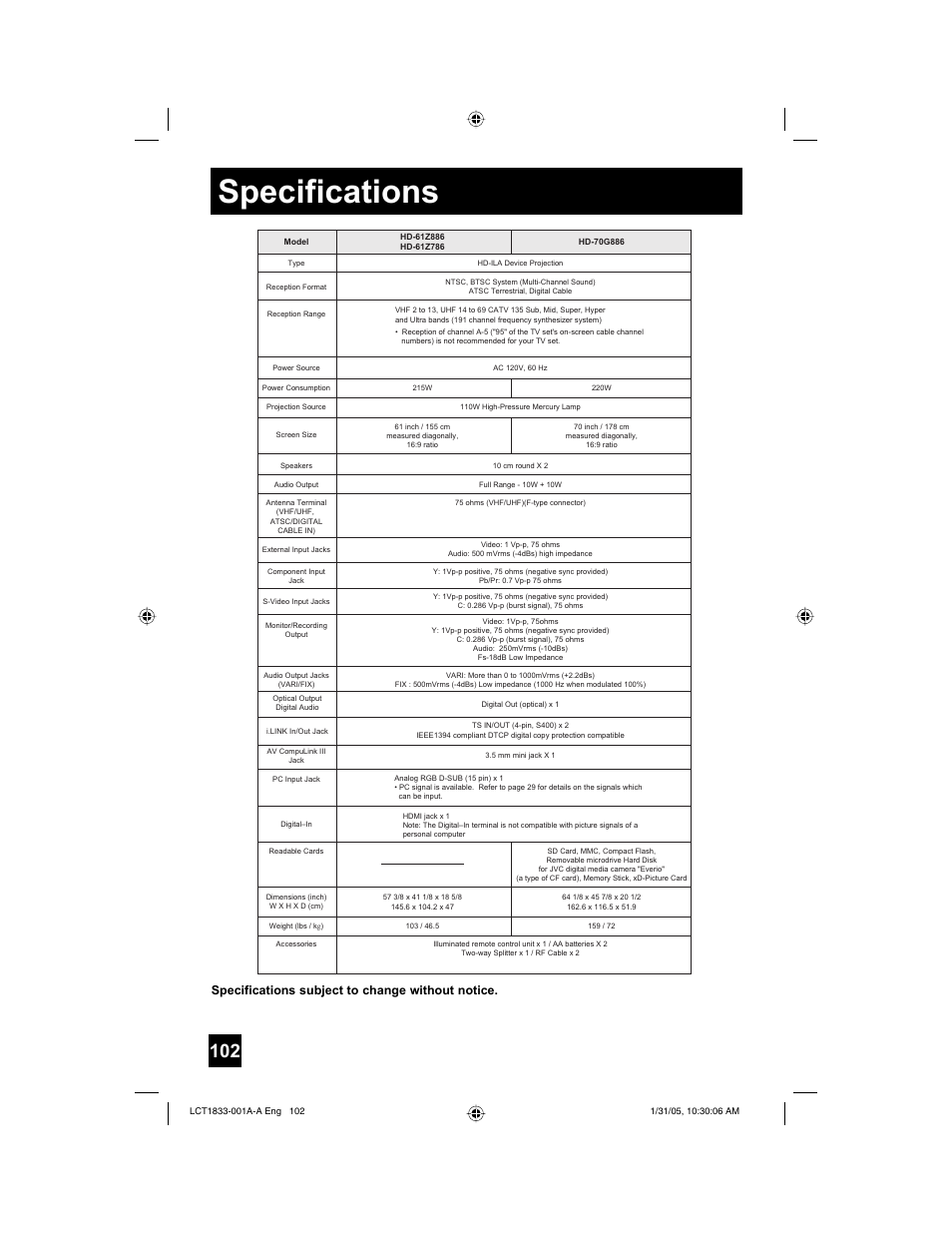 Specifications, Specifications subject to change without notice | JVC HD-61Z886 User Manual | Page 102 / 104
