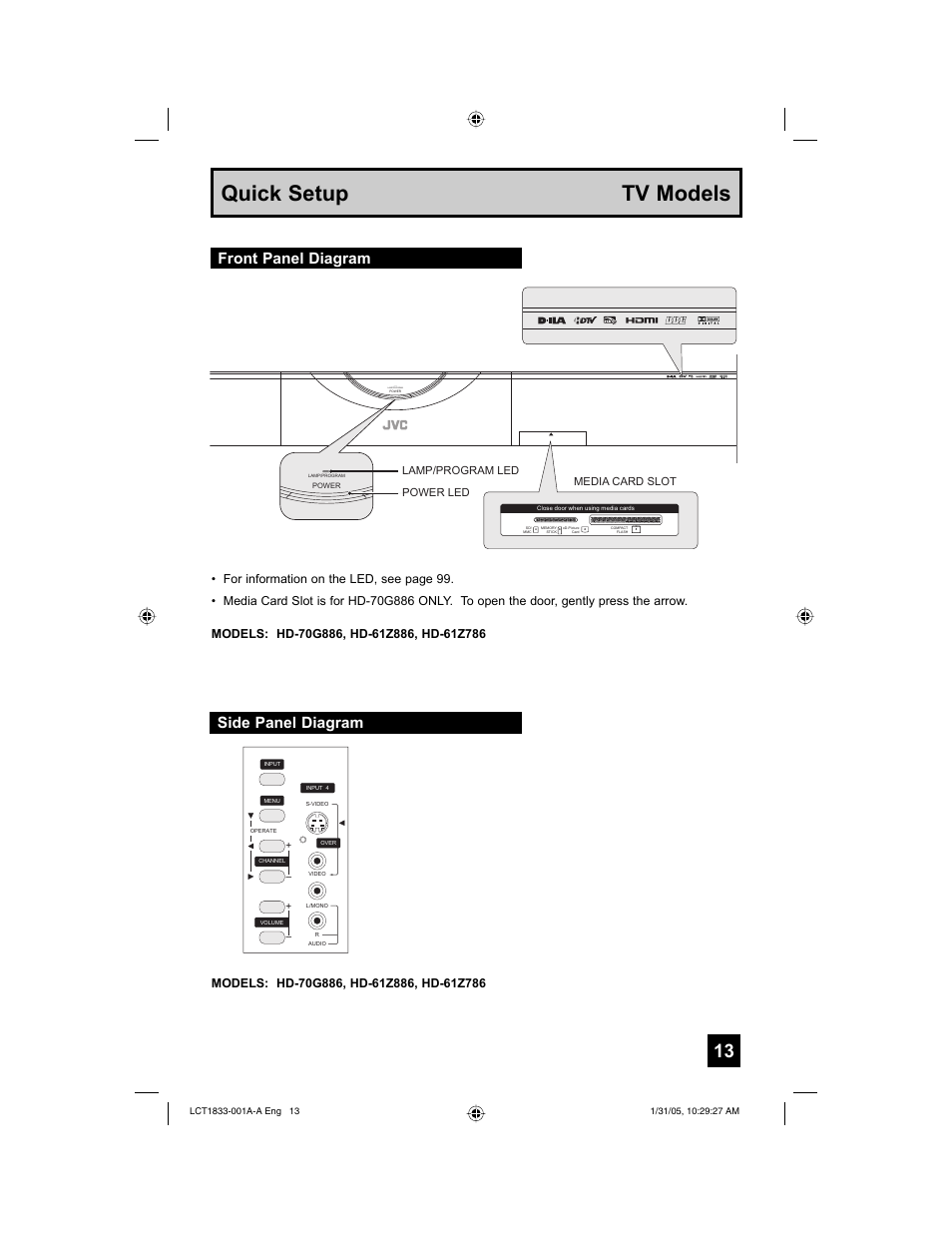 Quick setup tv models, Side panel diagram, Front panel diagram | Lamp/program | JVC HD-61Z886 User Manual | Page 13 / 104