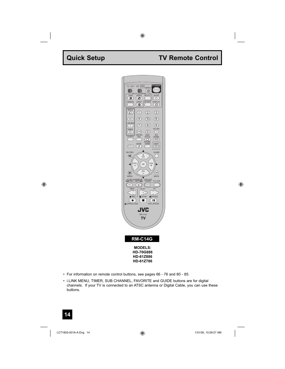 Quick setup tv remote control, Rm-c14g | JVC HD-61Z886 User Manual | Page 14 / 104