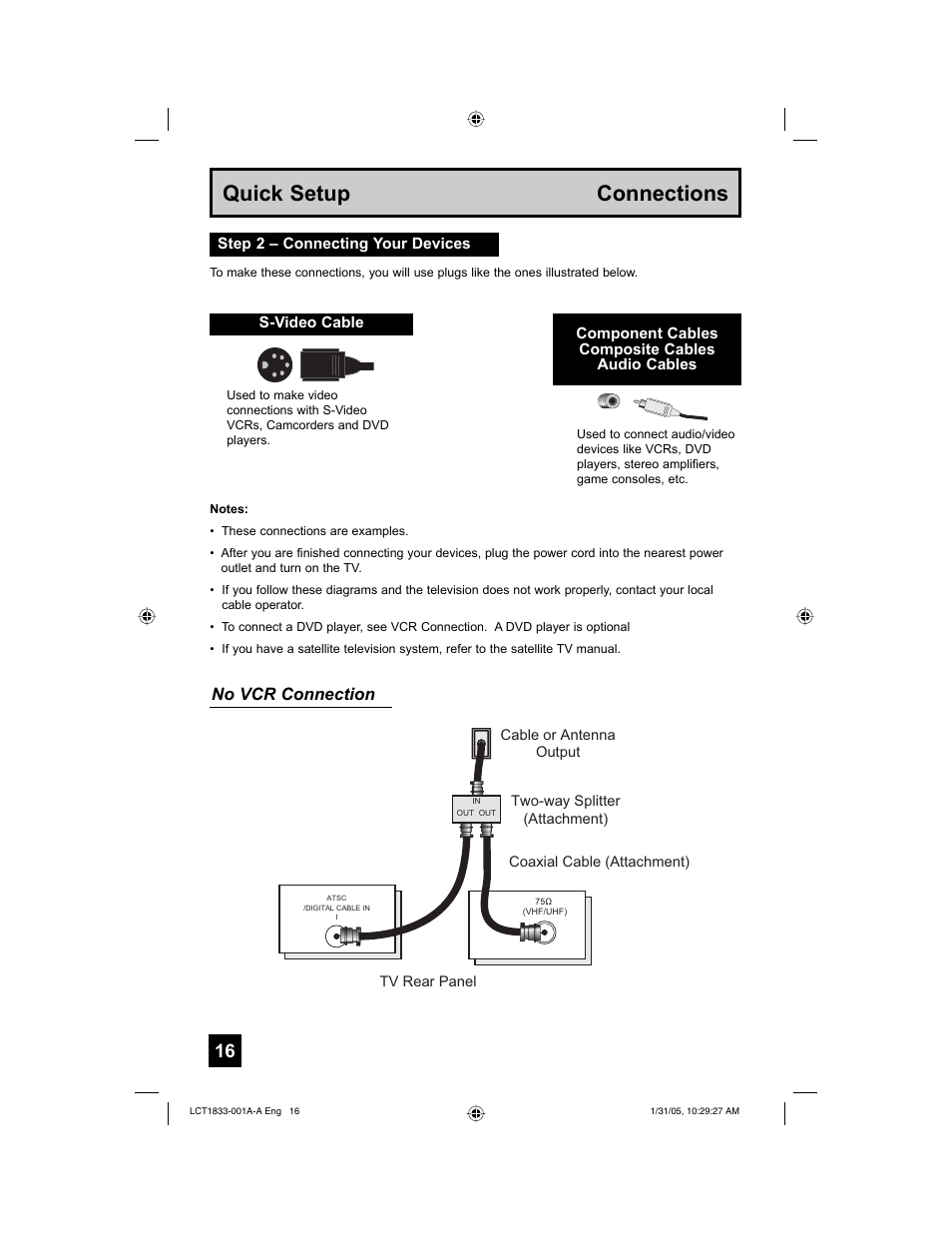 Quick setup connections, No vcr connection | JVC HD-61Z886 User Manual | Page 16 / 104