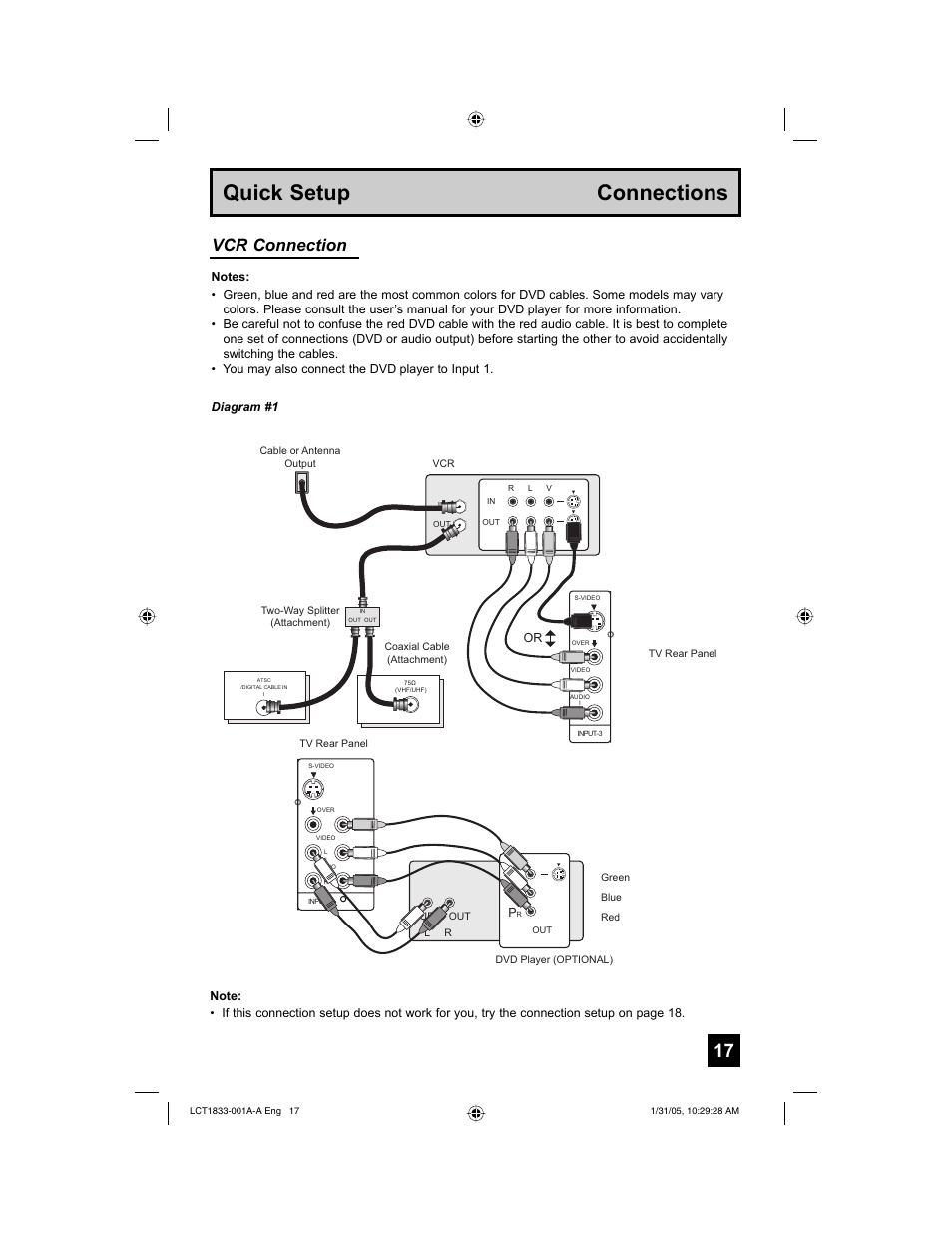 Quick setup connections, Vcr connection | JVC HD-61Z886 User Manual | Page 17 / 104