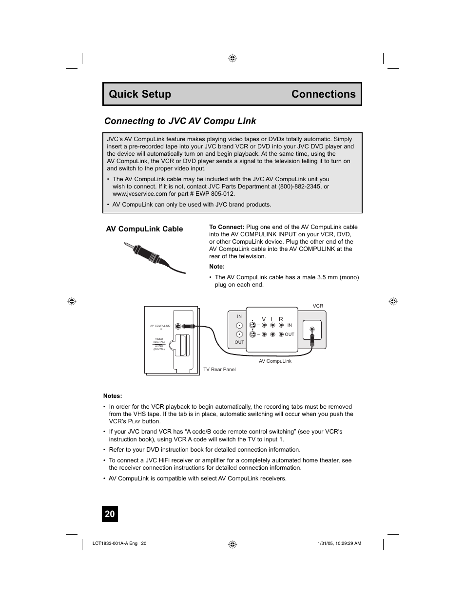 Quick setup connections, Connecting to jvc av compu link, Av compulink cable | JVC HD-61Z886 User Manual | Page 20 / 104