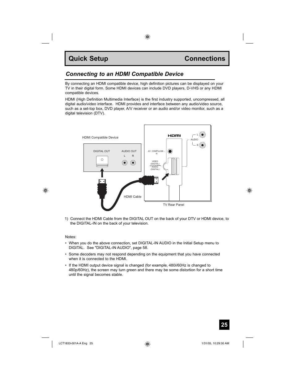 Quick setup connections, Connecting to an hdmi compatible device | JVC HD-61Z886 User Manual | Page 25 / 104