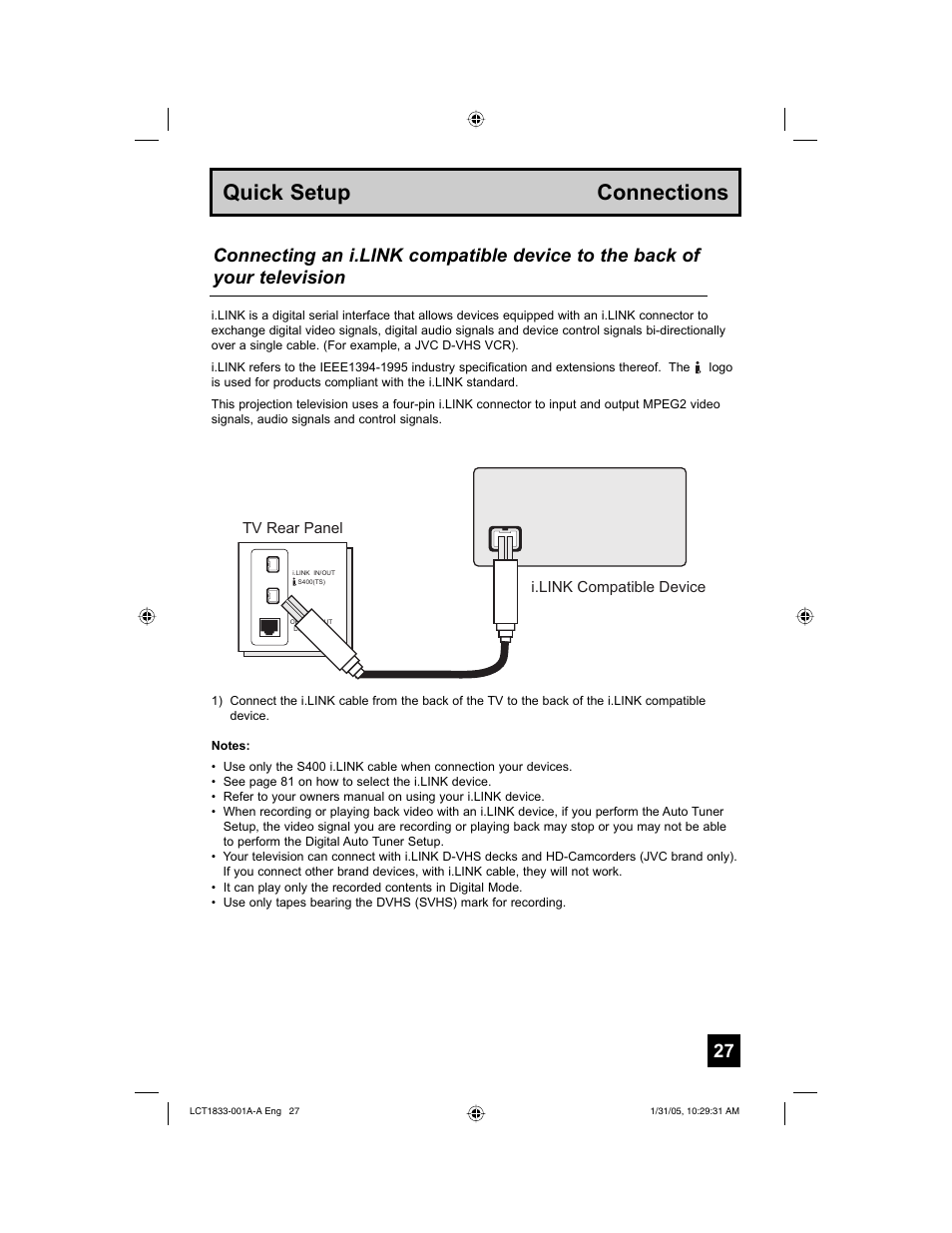 Quick setup connections | JVC HD-61Z886 User Manual | Page 27 / 104