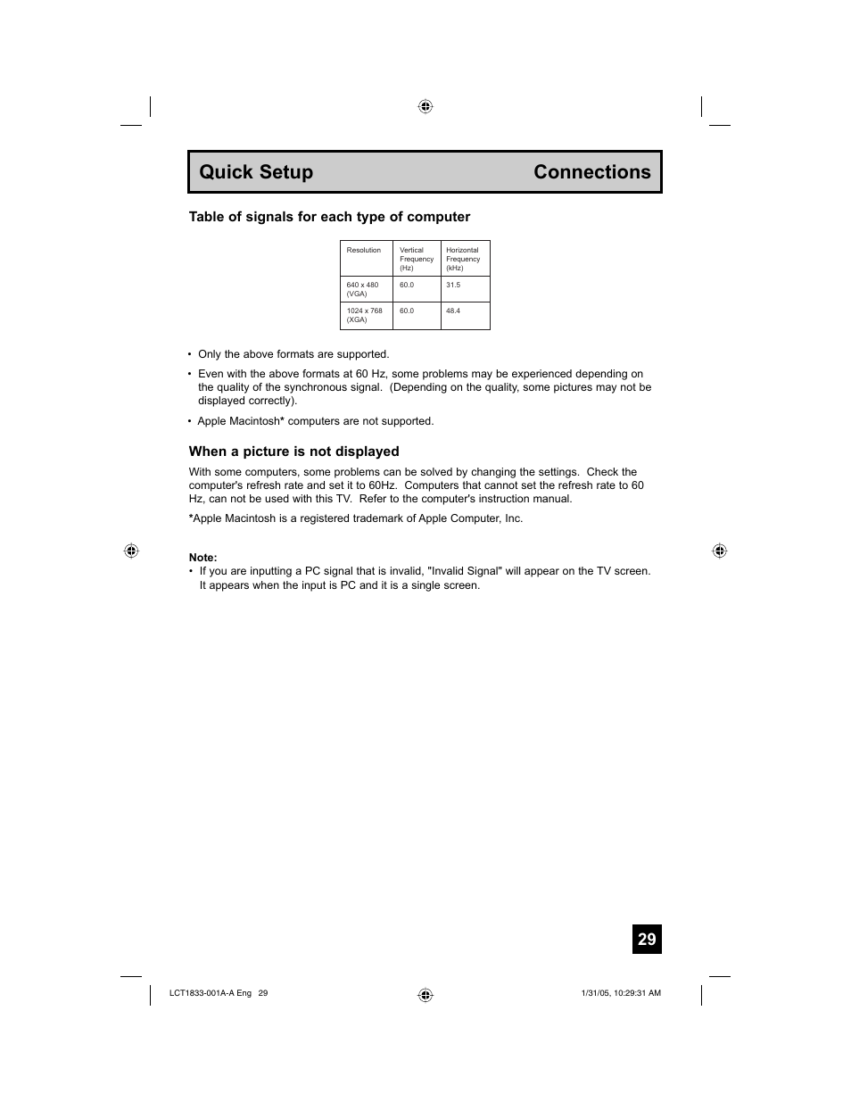 Quick setup connections, Table of signals for each type of computer, When a picture is not displayed | JVC HD-61Z886 User Manual | Page 29 / 104