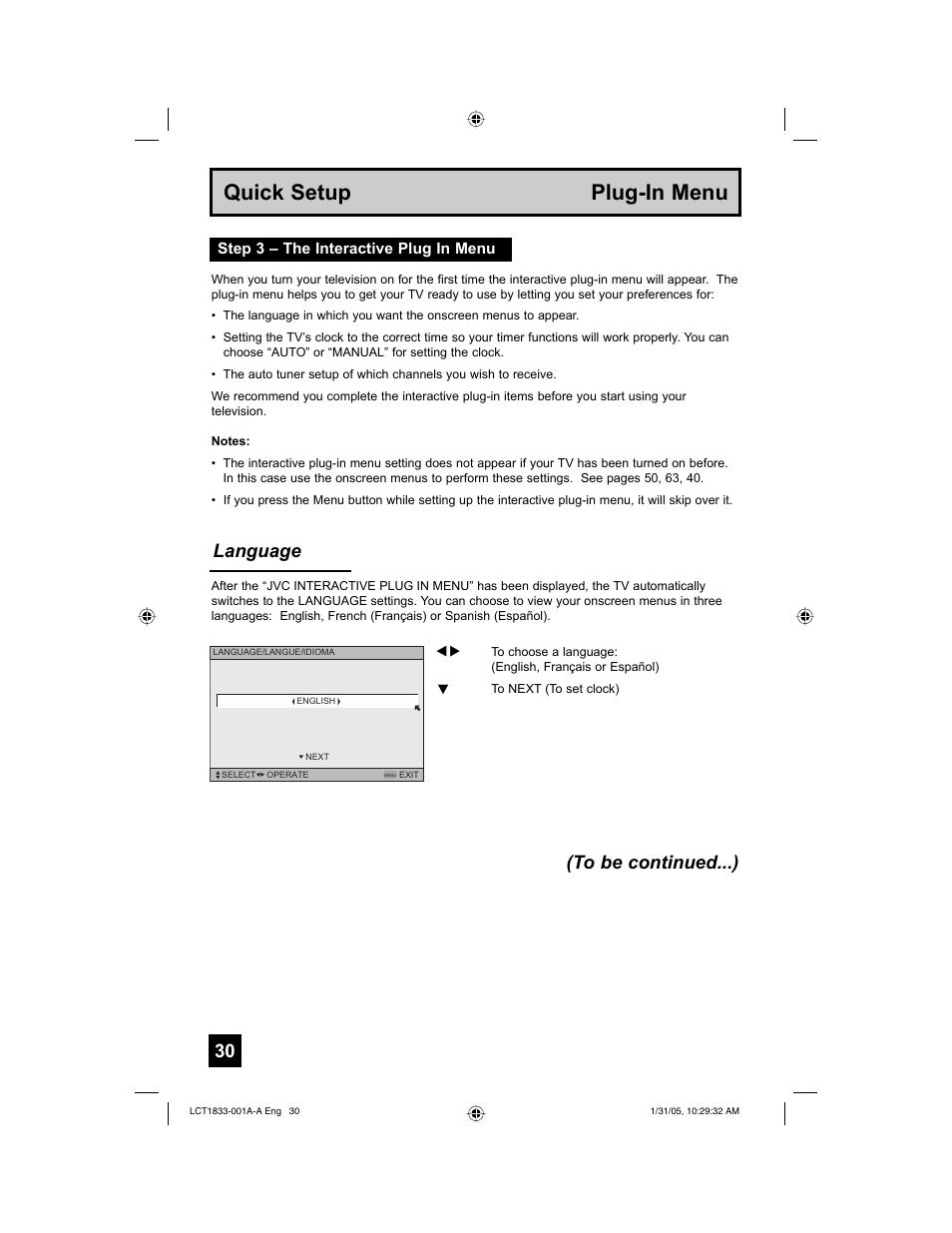 Quick setup plug-in menu, Language (to be continued...) | JVC HD-61Z886 User Manual | Page 30 / 104