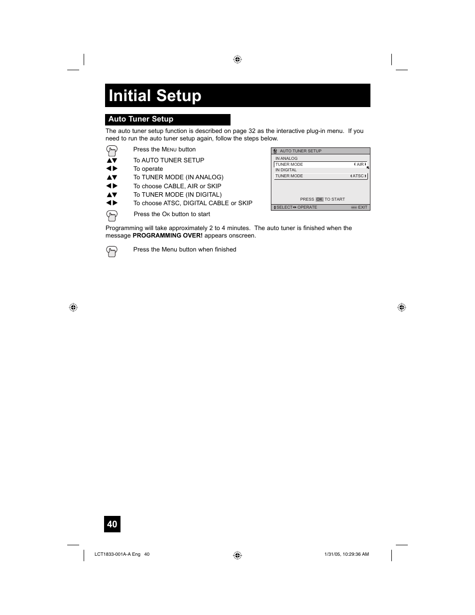 Initial setup | JVC HD-61Z886 User Manual | Page 40 / 104