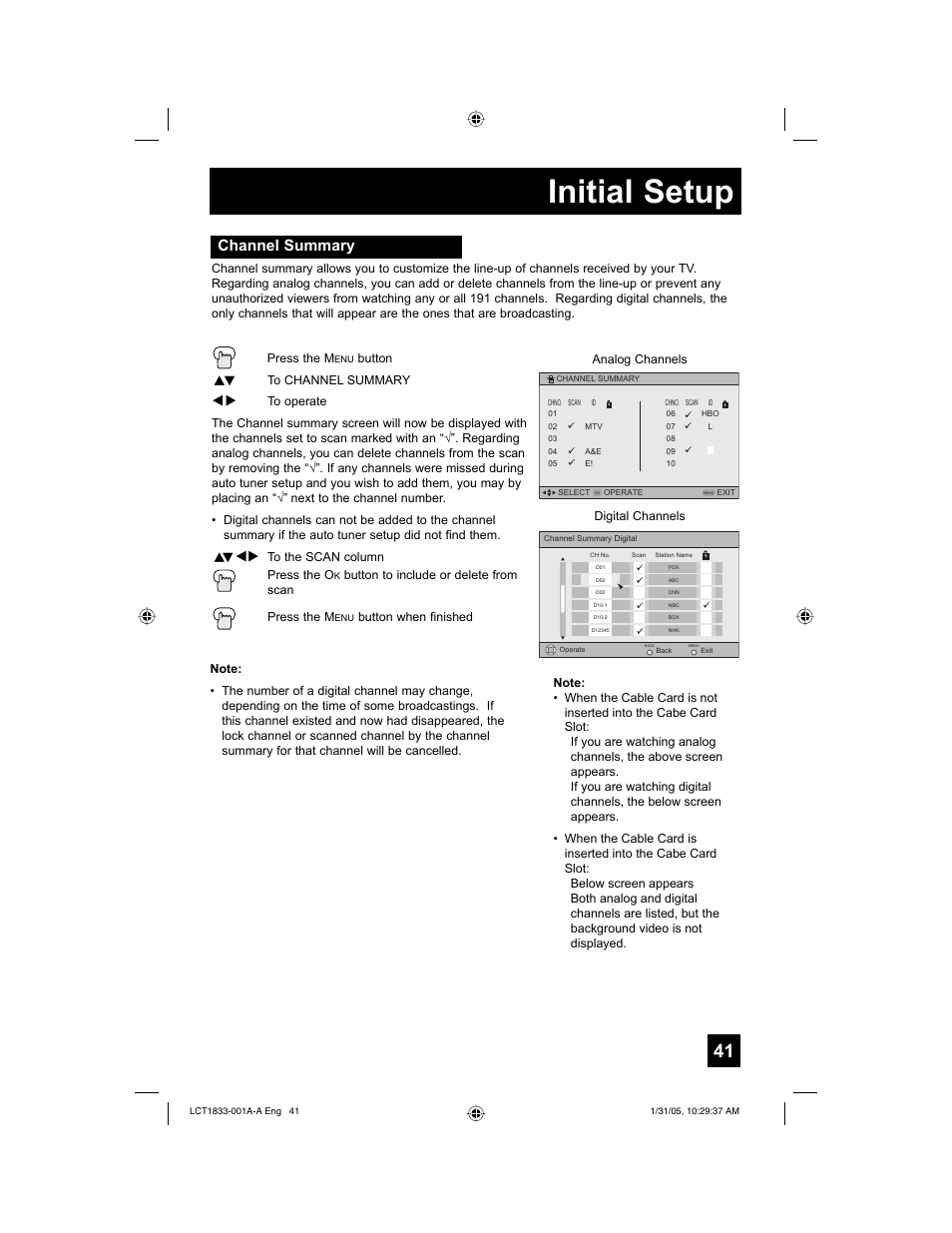 Initial setup, Channel summary | JVC HD-61Z886 User Manual | Page 41 / 104