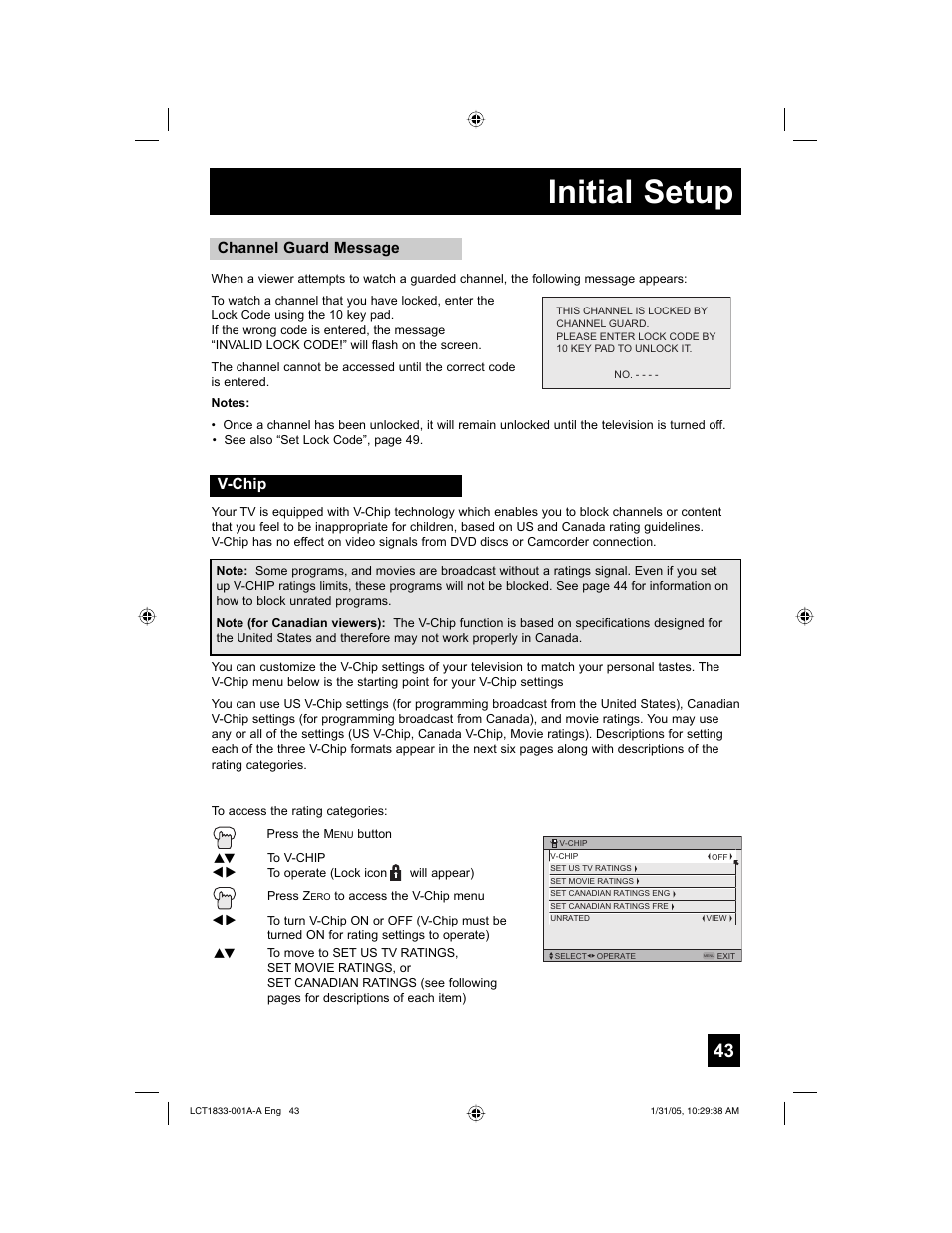 Initial setup, Channel guard message v-chip | JVC HD-61Z886 User Manual | Page 43 / 104