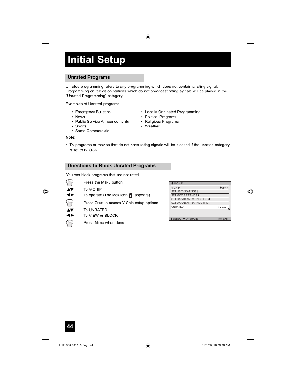 Initial setup, Directions to block unrated programs, Unrated programs | JVC HD-61Z886 User Manual | Page 44 / 104