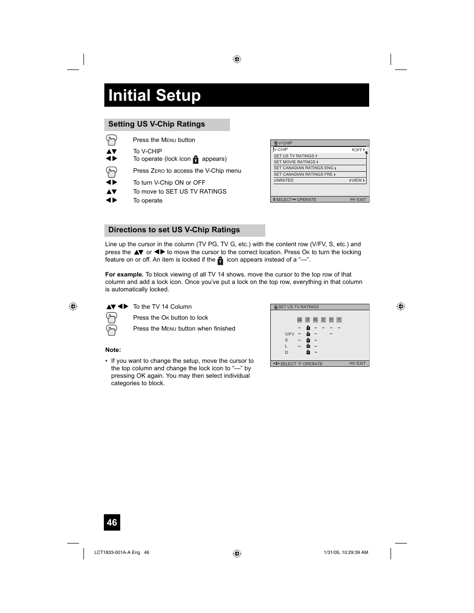 Initial setup, Directions to set us v-chip ratings, Setting us v-chip ratings | JVC HD-61Z886 User Manual | Page 46 / 104