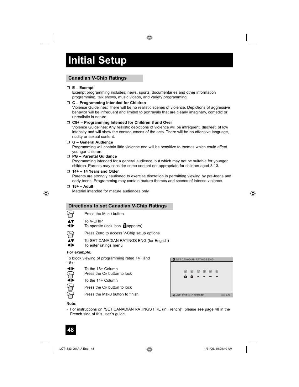 Initial setup, Directions to set canadian v-chip ratings, Canadian v-chip ratings | JVC HD-61Z886 User Manual | Page 48 / 104