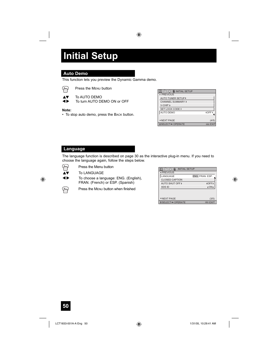 Initial setup, Language, Auto demo | JVC HD-61Z886 User Manual | Page 50 / 104