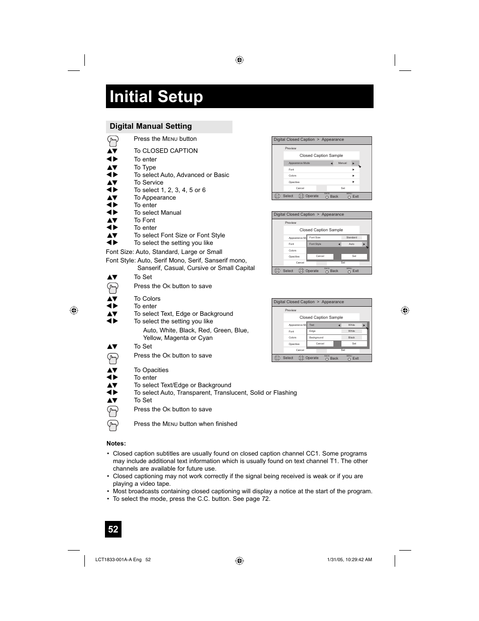 Initial setup, Digital manual setting | JVC HD-61Z886 User Manual | Page 52 / 104