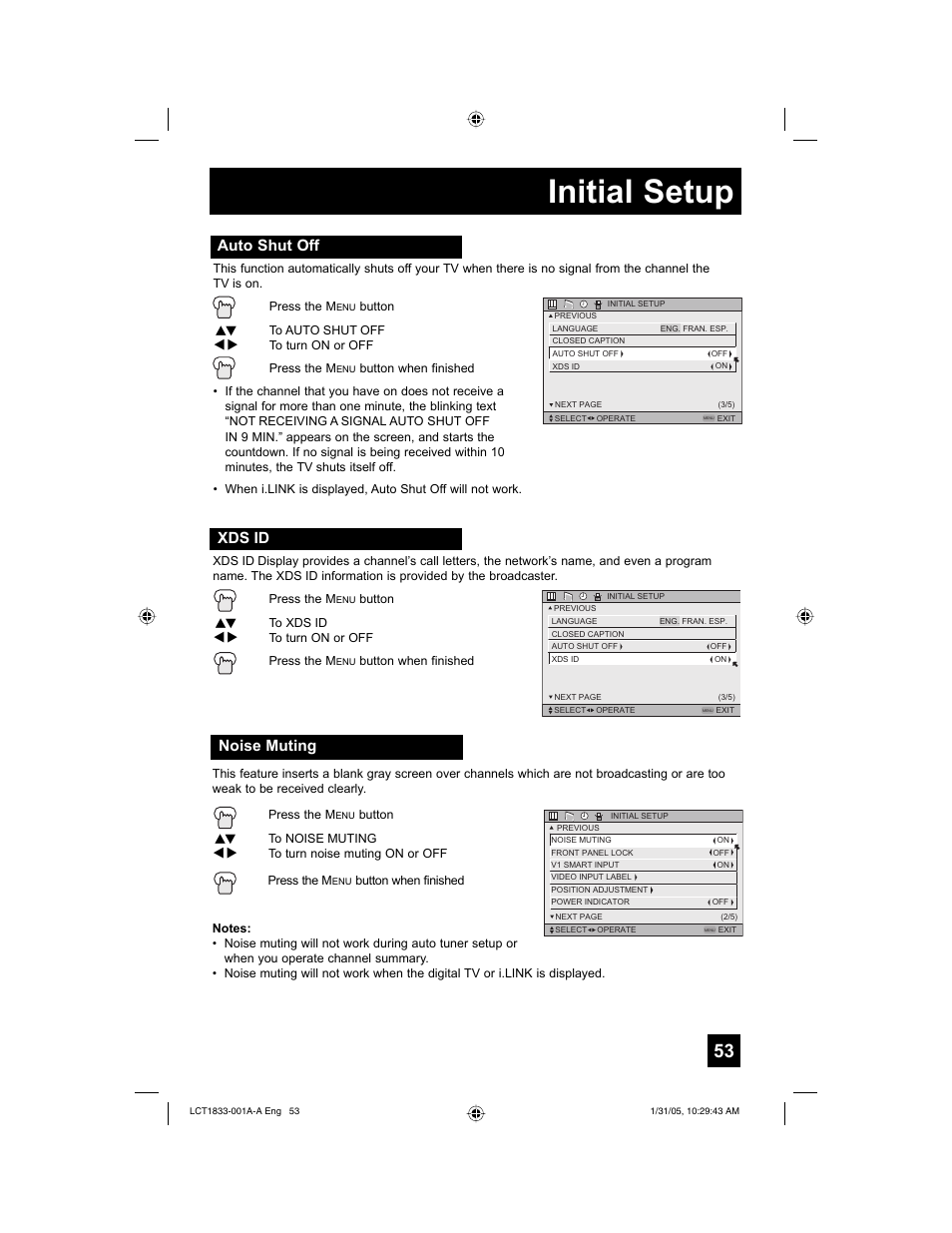 Initial setup, Auto shut off, Xds id | Noise muting | JVC HD-61Z886 User Manual | Page 53 / 104